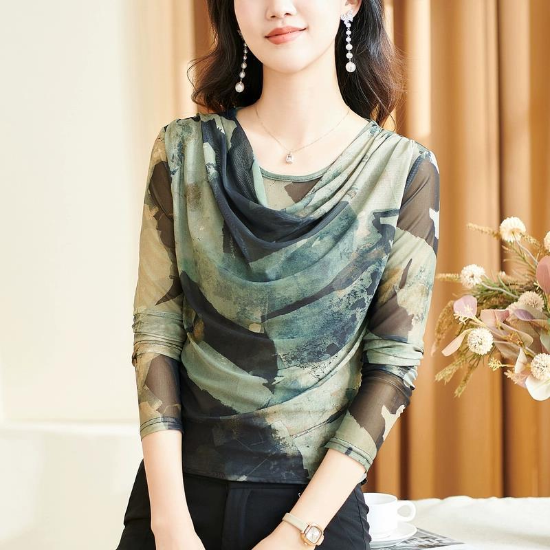 Korean Mesh Print Temperament Collision Color Mesh Yarn Round Neck Fashion Bottoming Shirt Inside Slim Hundred Mom Pleated Long-sleeved T-shirt Female