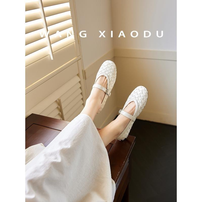 Sheepskin Version Leather Woven Retro Mary Jane Shoes Women's Word with Flat Bottom Shallow Mouth Single Shoes