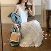 Women Sling Dress V-Neck Sleeveless Multi Layer Lace Splicing Design Maxi Dress Solid Color