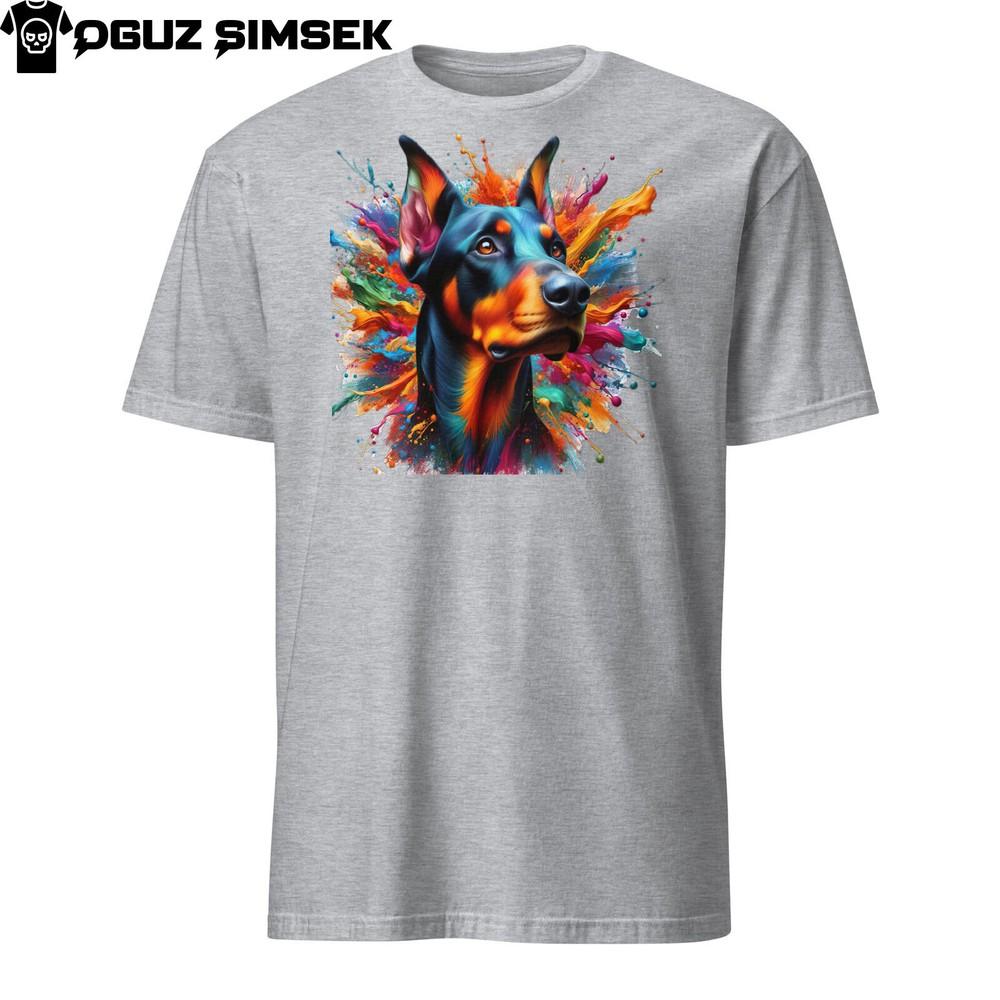 

Colorful Doberman Dog Unisex T-Shirt | Vibrant Splash Design | Short Sleeve Tee M