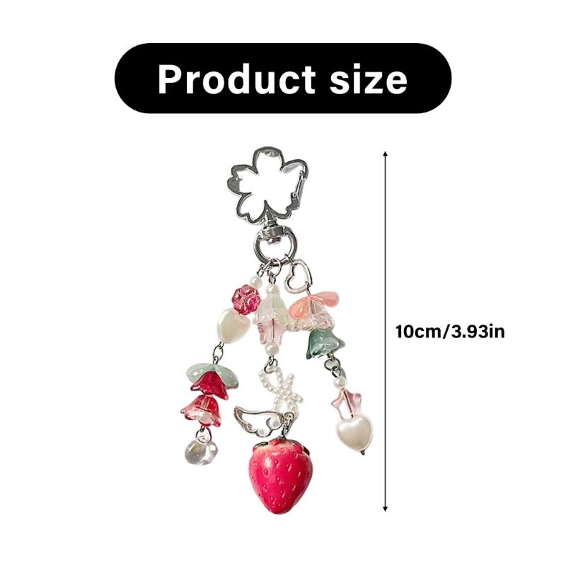 Adorable Beaded Flower Keychain Strawberry Pendant Keyring Gift Handmade Bag Charm Accessories For Women Girls