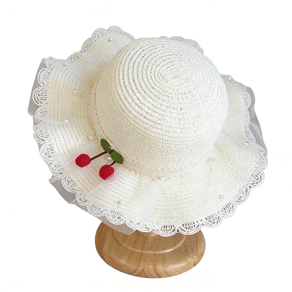 Wide Brim Kids Sun Hat Pearl Decoration Beach Hat Cute Style Straw Hat Girls Accessories