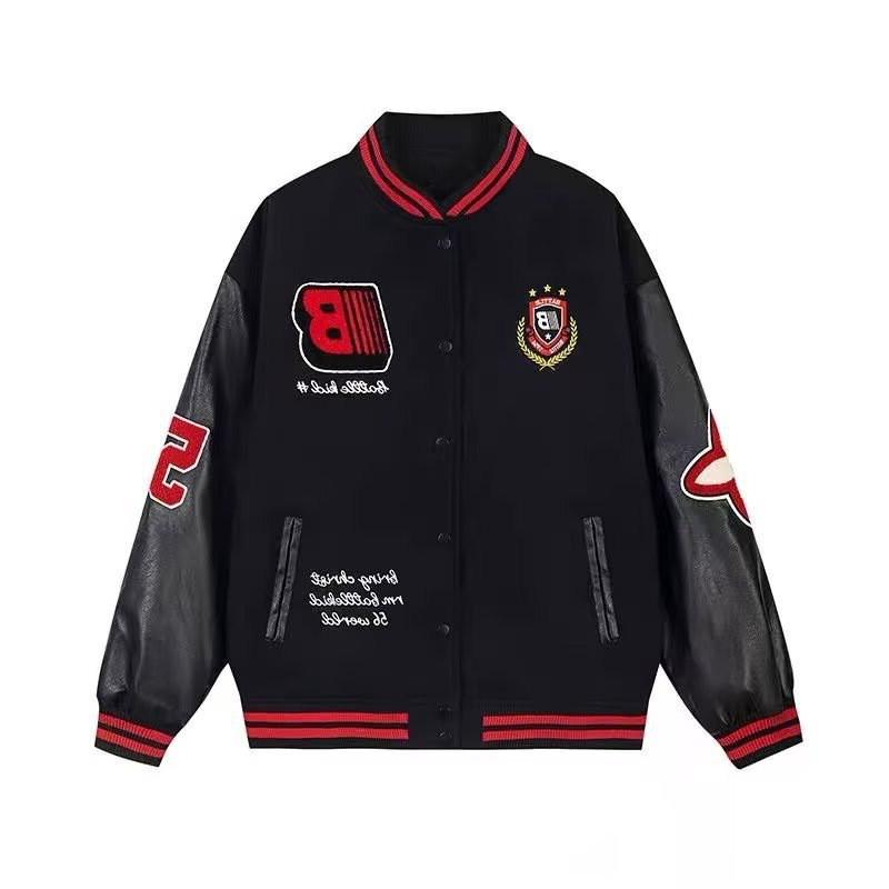 Teen Streetwear Baseball Jacket Colorblock Patchwork Embroidered Loose Fit Outerwear