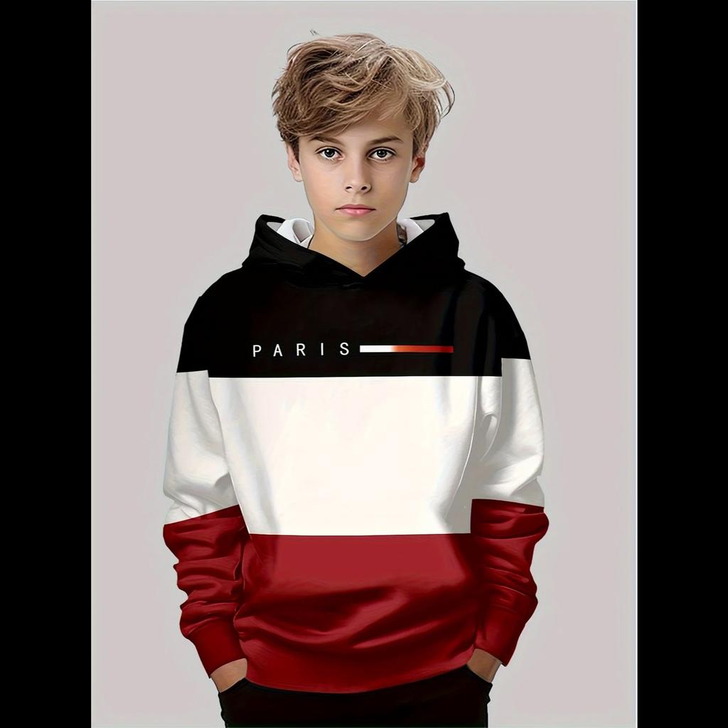 Boys Hoodie Stripe Printed Pullover Long Sleeve Thin Hooded Sweatshirt for Autumn Casual Versatile Classic Color Matching Design