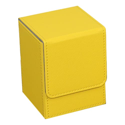 Yellow trading card deck box with sleeves, 7.3x8x10.3cm