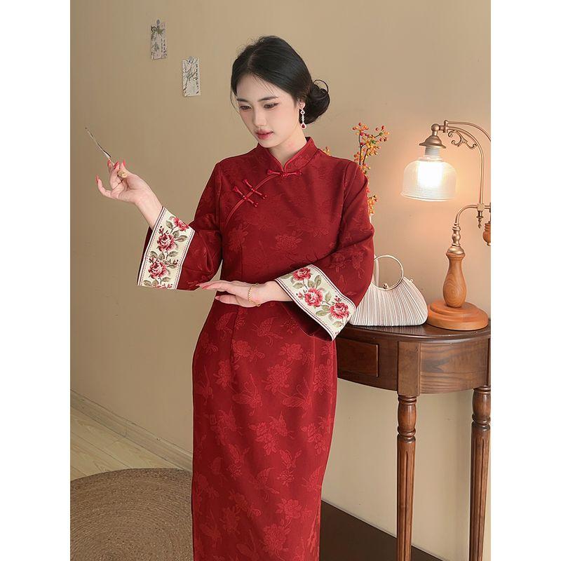 

Cinnabar [Custom-Made] New Chinese-Style Red Plus-Size Embroidered Cheongsam Dress for Engagement, Jacquard Formal Dress Precision Version (Maroon Red) 3XL