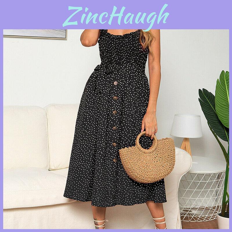 Polka Dot Print Princess Dress With Ruffle Trim Spaghetti Straps