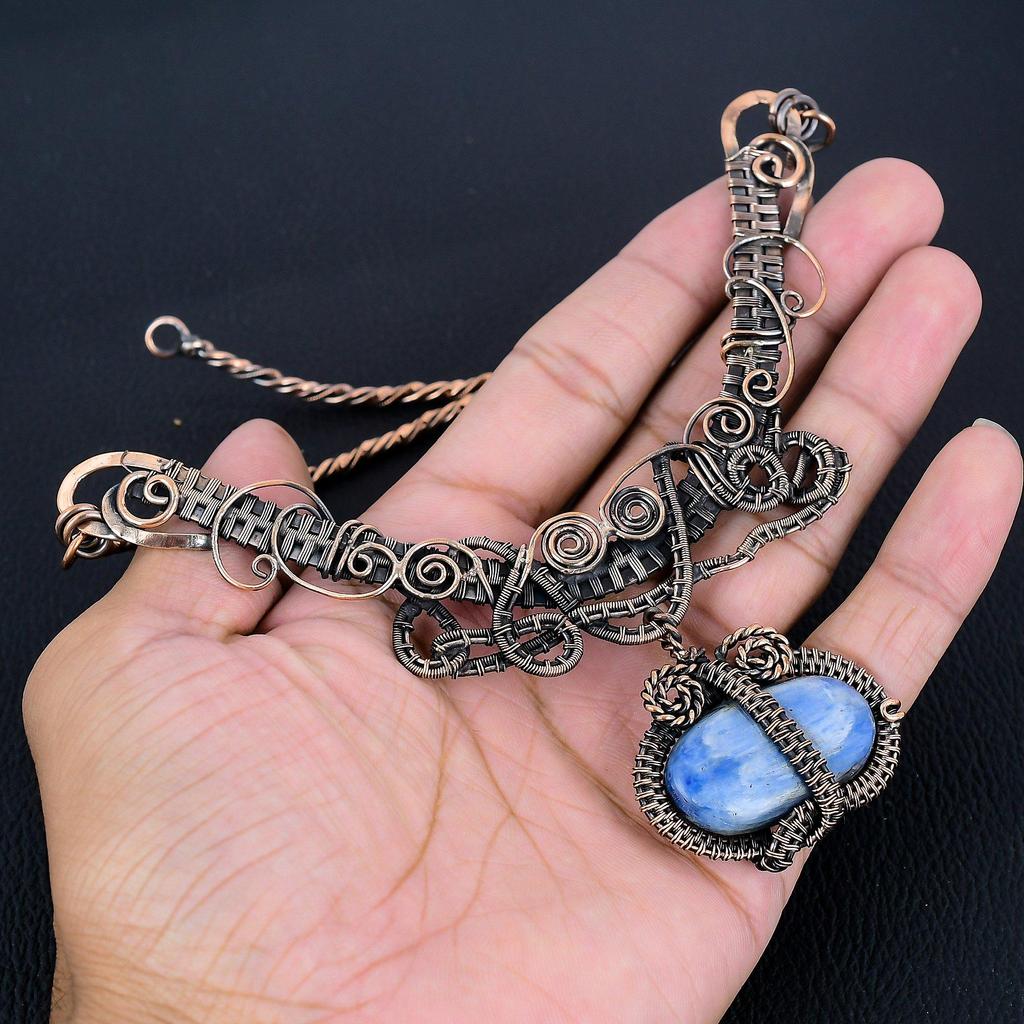 Kyanite, 999 Copper Wire Wrapped Necklace with Adjustable Chain, Handmade Gemstone Jewelry Necklace For Memorial Day