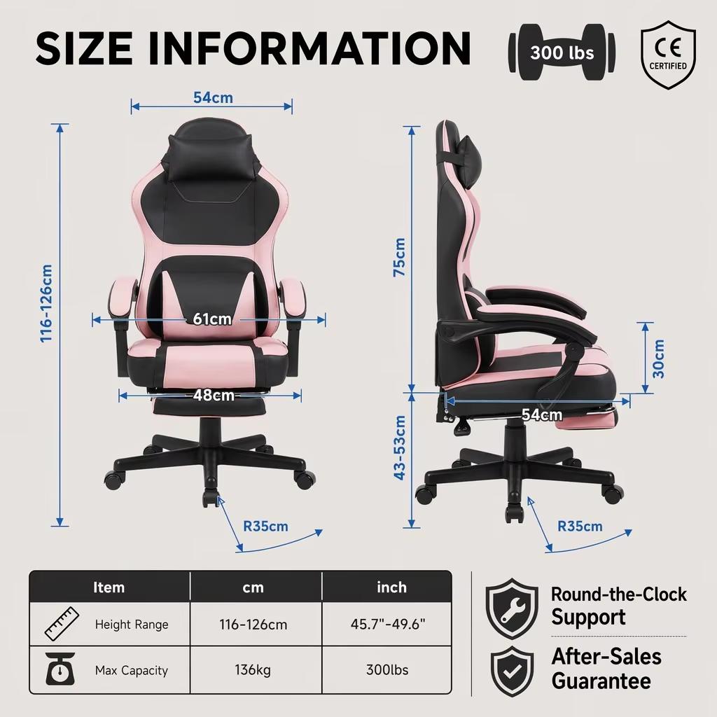 Ergonomická herní židle v Kawaii stylu (Růžová a Černá) s výsuvnou opěrkou nohou a bederní opěrkou – Všestranné pro domácí kancelář a relaxační přestávky.