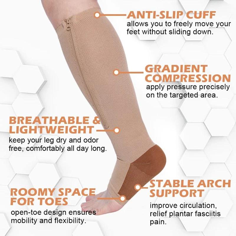 1 Pair Zipper Calf Compression Socks Knee High Open Toe Support Graduated Medical Varicose Veins Hosiery for Men Women