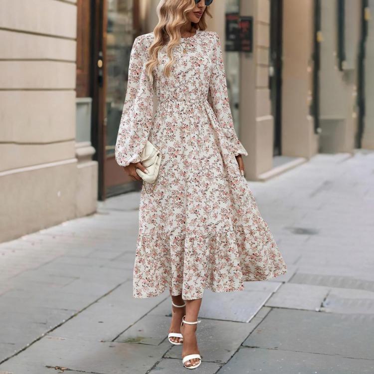 Women Summer Casual Floral Print Long Sleeve O-Neck A-Line Dress High Waist Elastic Loose Ankle-Length Spring Dresses