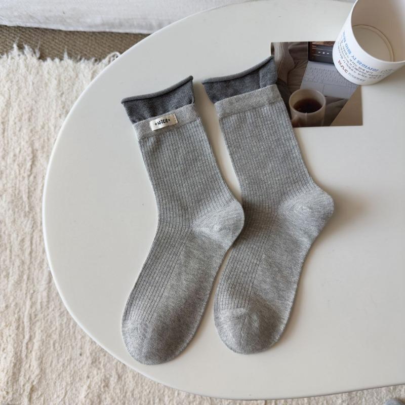 Women's Autumn New Variety of Color Contrast Crimped Fabric Label Boneless Drum Pile Cotton Socks