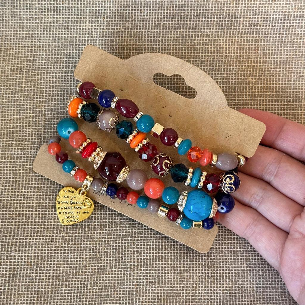 Retro Ethnisch Perlenarmband mit Glas-Kreuz und Herz, eingelegten Diamanten - Europäischer und Amerikanischer Damenschmuck