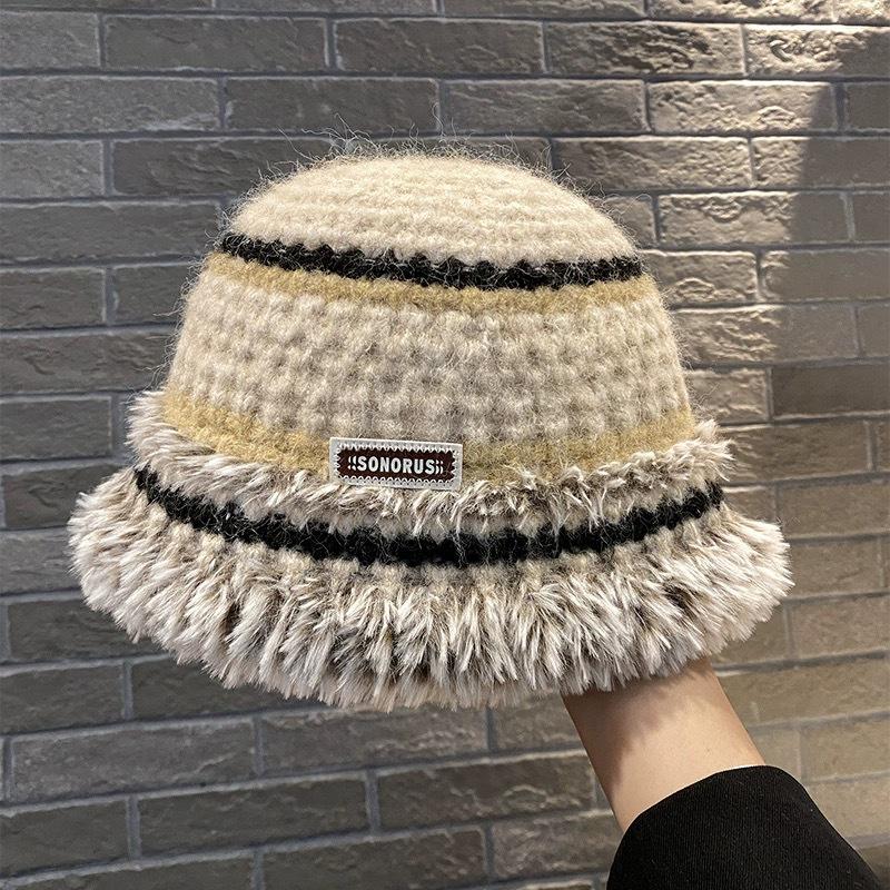 

Дофамінова вовняна шапка жіноча 2025 нова панама зимова тепла райдужна в язана шапка жіноча зимова плюшева шапка-відро M（56-58cm） бежевий