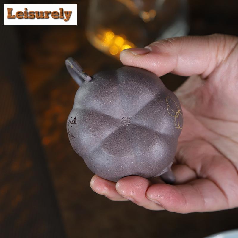 80ml Yixing Purple Clay Teapots Handmade Gold Tracing Pumpkin Pot Raw Ore Cyan Section Mud Kettle With Infuser Zisha Teaset Gift