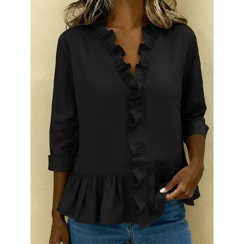 2026 Summer New Women's Solid Color Ruffle T-Shirt, Casual Three-Quarter Sleeve Blouse for Women