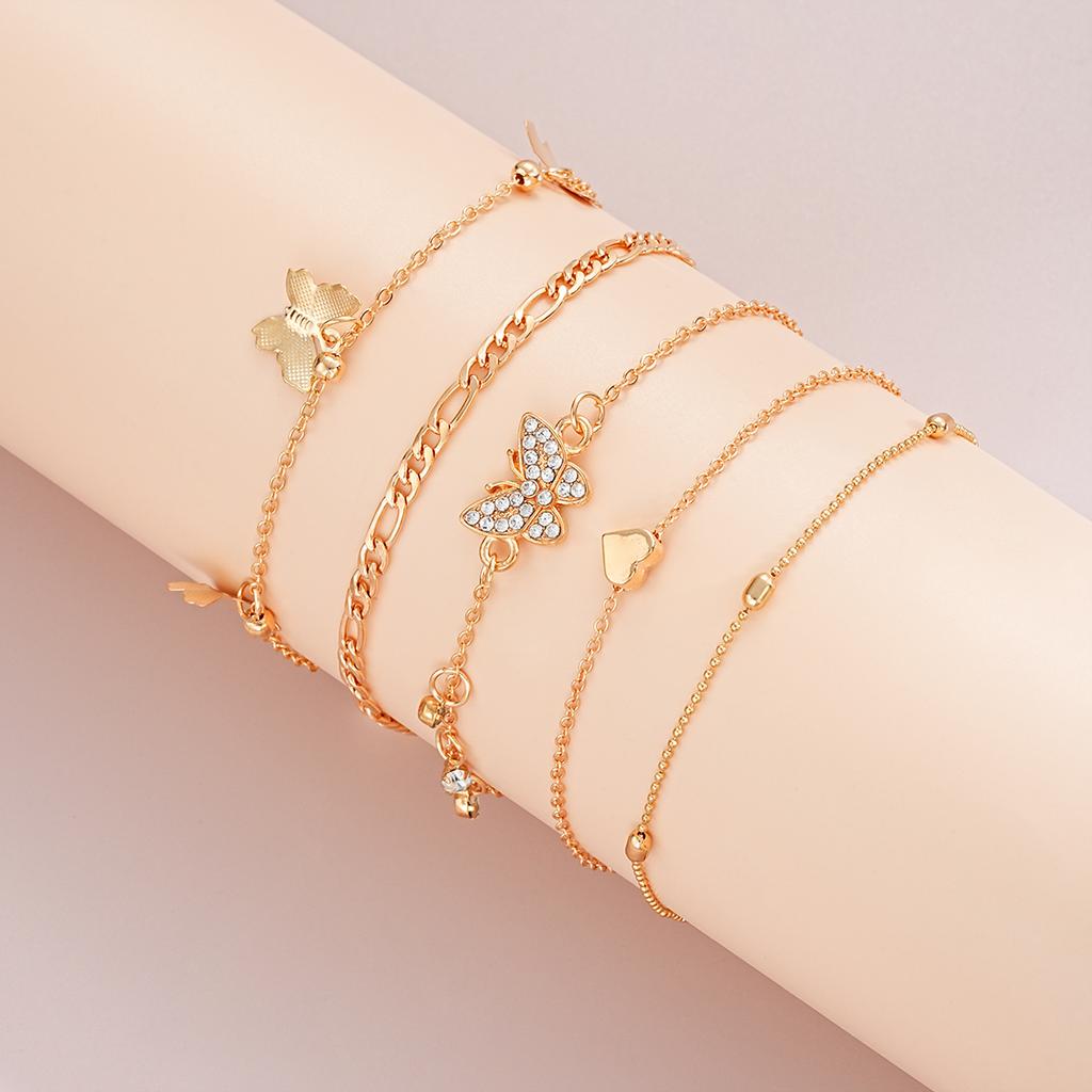 5 Pcs Gold Color Vintage Butterfly Anklet Set For Women Boho Multilayers Love Zircon Anklet Bracelet On Leg Foot Beach Jewelry
