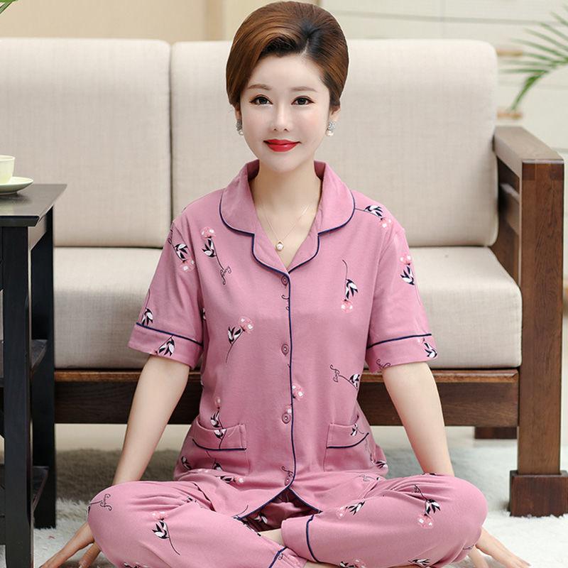 Summer cotton pajamas women's short-sleeved trousers middle-aged women's plus-size cardigan set thin loungewear