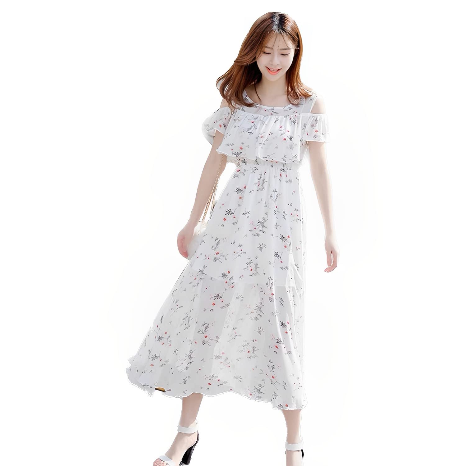 Floral Print Summer Resort Short 1019HGA Floral Print [Village H&T] Women s Dress, Dress, Chiffon, A-line, Flared, Elegant, Off-shoulder, Midi,