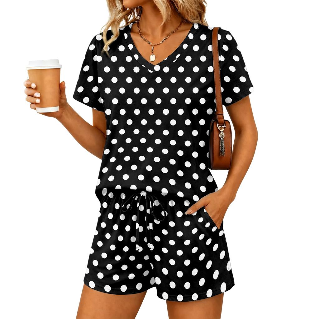Women Fashion Casual V Neck Printed Two Piece Set Short Sleeve Top and Drawstring Shorts for Daily Wear Summer Outfit