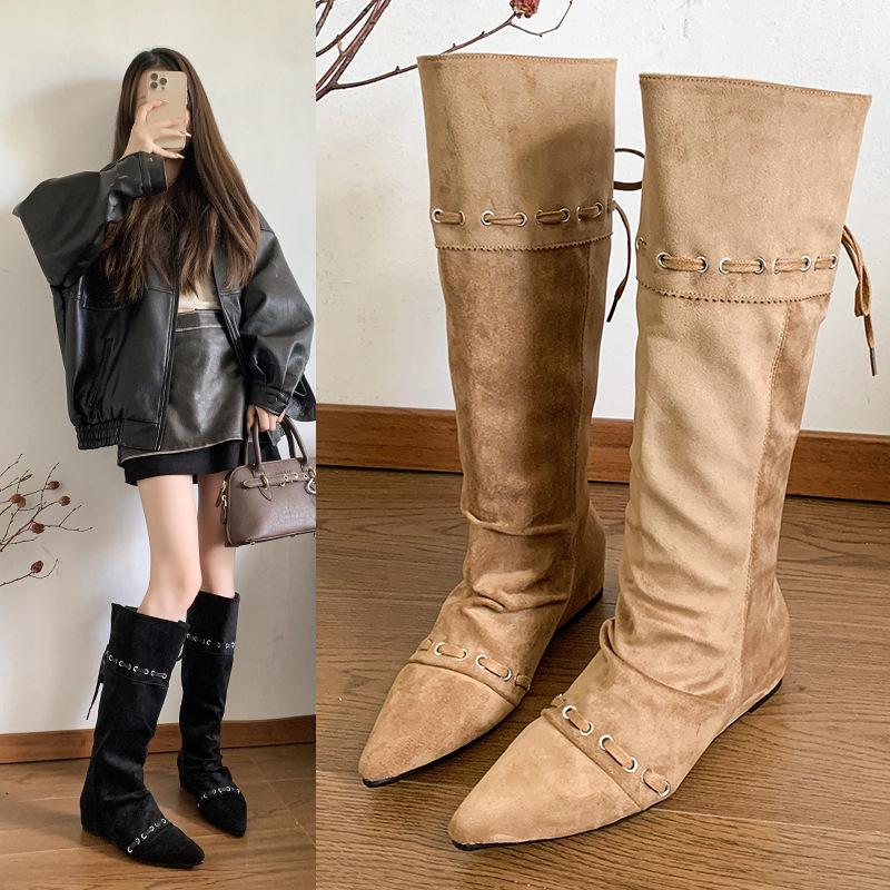 Wasteland Wind Pointed Inner Height Increase Boots Children 2025 New Summer and Autumn Thin Western Cowboy Pile Middle Boots