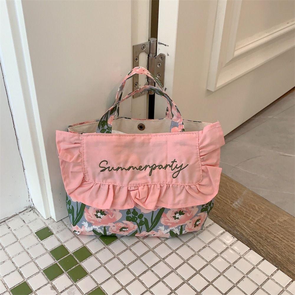 

Printed Floral Embroidery Canvas Bag Lace Canvas Shoulder Bag Simple Print Cloth Bag Girls style 2