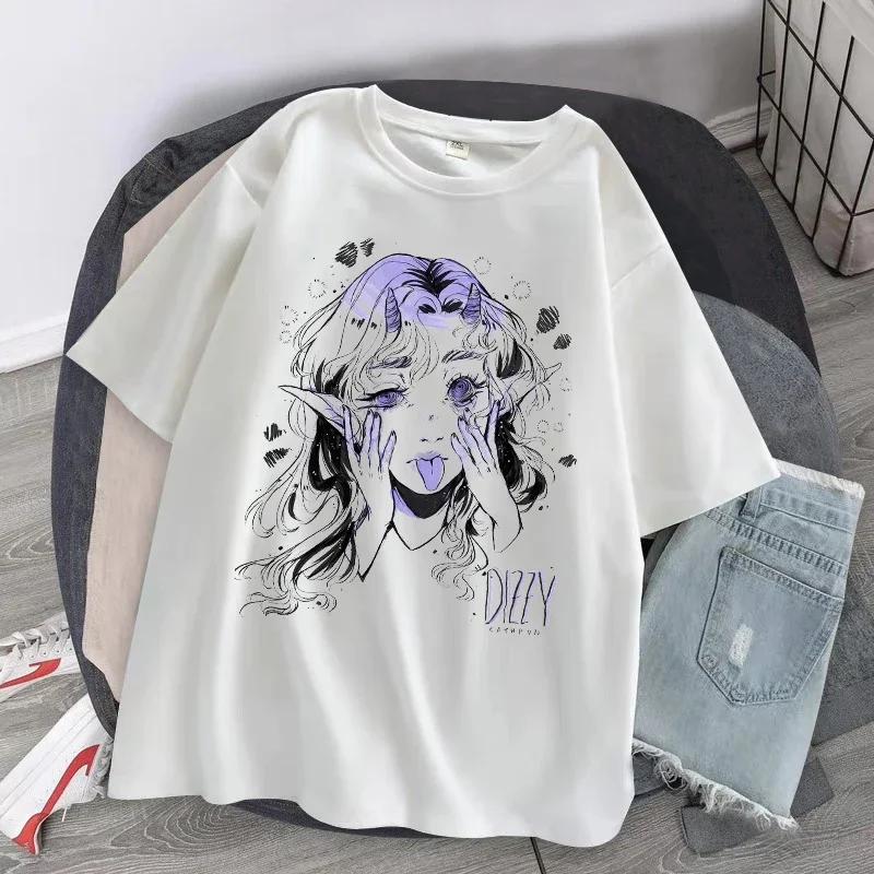 Women Oversized T-shirt Kawaii Goth Harajuku Music Girl Print Black Crop Short Sleeve Top Female T-shirts Y2k Mujer Grunge Kpop
