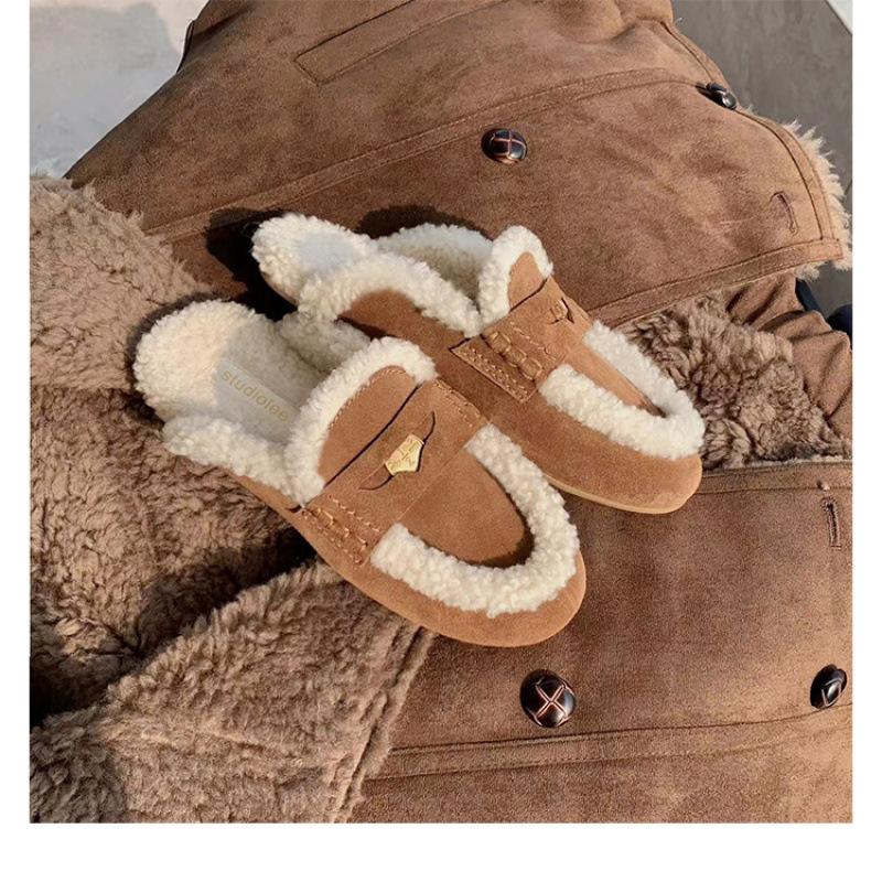 

Warm Huhu Baotou Half-drag One Pedal Fleece Gold Coin Warm Fluffy Slippers Female Winter 35 абрикосовий