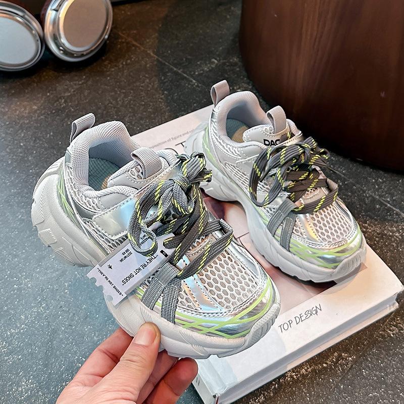 Children's double net breathable dad shoes silver fashion sneakers 2025 spring and autumn new boys and girls Korean version casual shoes
