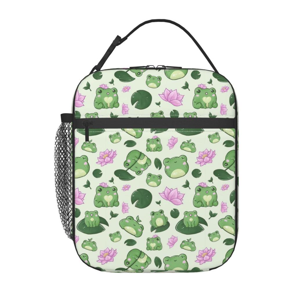 Cartoon Cute Frog Pattern On Lotus Leaves Insulated Lunch Bag for Women Kids Portable Food Boxes Thermal Lunch Box Tote