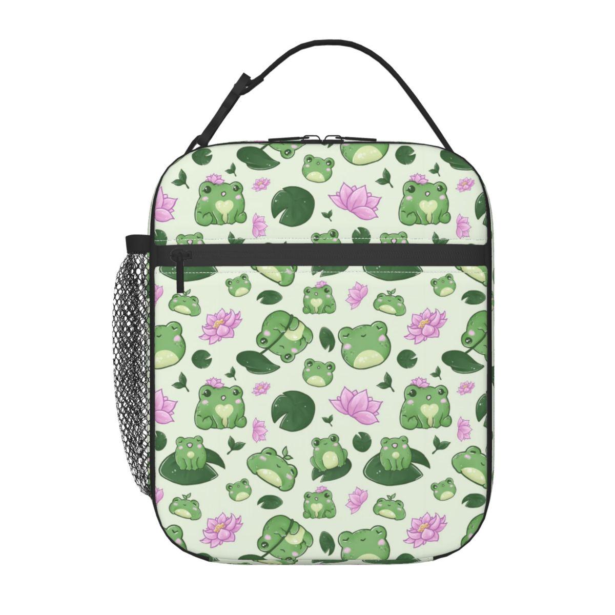 

Cartoon Cute Frog Pattern On Lotus Leaves Insulated Lunch Bag for Women Kids Portable Food Boxes Thermal Lunch Box Tote One Size