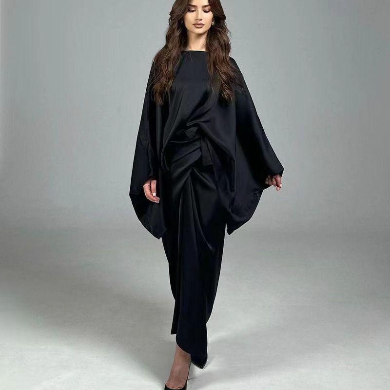 

Fashion Wind Bat Sleeve Irregular Top Skirt Suit Bat Sleeve Top and Skirt Set Black XL