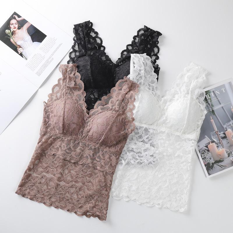 Women's Wide Shoulder Strap Tank Tops Hollow Lace Beauty Back Wrapped Chest Bottoming Vest Tops