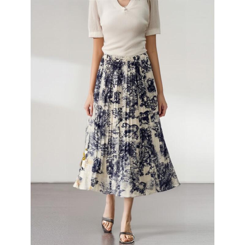 Aiyilian Women s Retro Ink Print High-Waist Mid-Length Skirt M