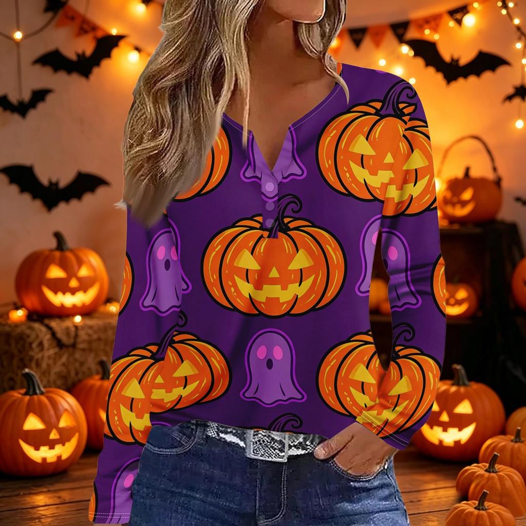 Damen Casual V-Ausschnitt Langarm T-Shirt mit dekorativen Knöpfen und Halloween-Thema Aufdruck für den täglichen Gebrauch