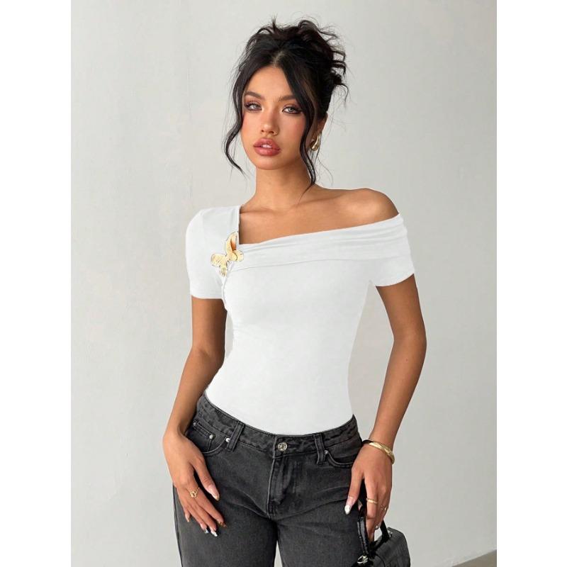 2025 Women's Elegant Simple Sloped Shoulder Top Women's T-Shirt