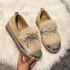 Women's Slip-On Winter Slippers with Rhinestone Bow Plush Faux Fur-Like Collar