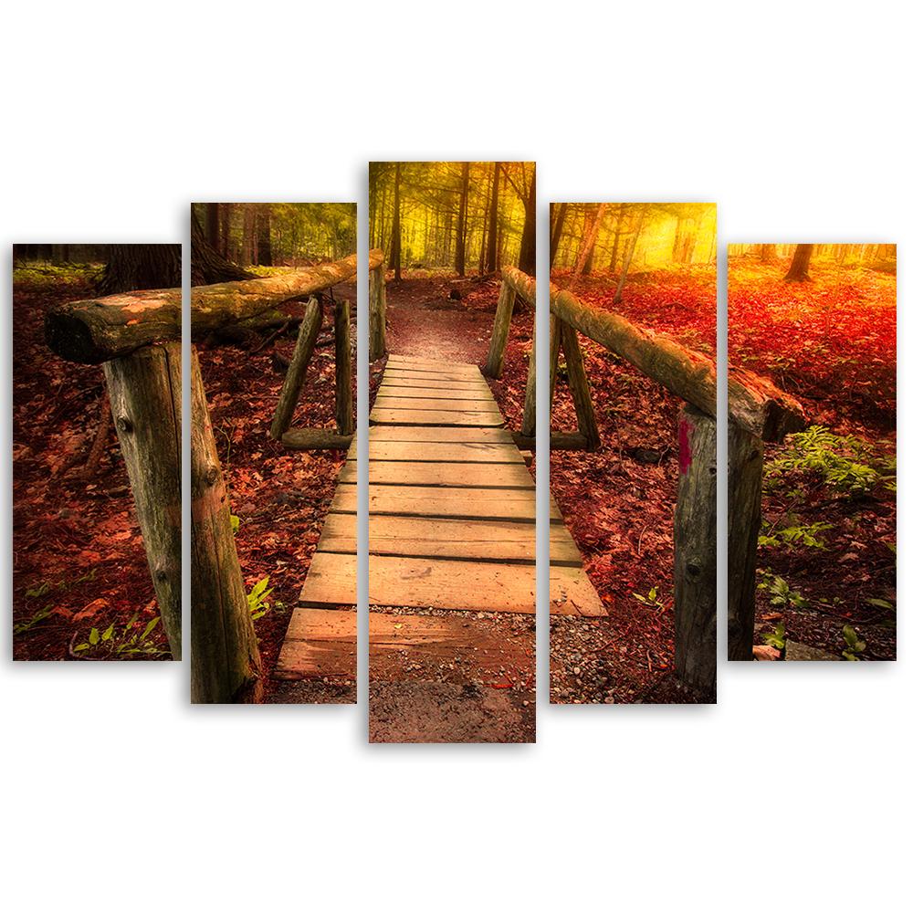 Fünfteiliger Leinwanddruck Autumn Forest Leaves Bridge