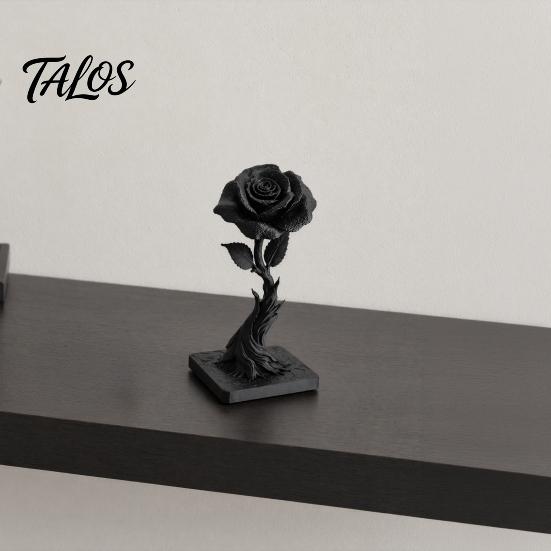 Talos 3D Printed Black Rose Statue Ornament, Gothic Dark Style Figurine, Artistic Flame Base Flower Decor, Exquisite Decoration for Home Office