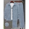 Mens Corduroy Textured Long Sleeve Workwear Jacket Drawstring Casual Pants Set Coffee Blue Black