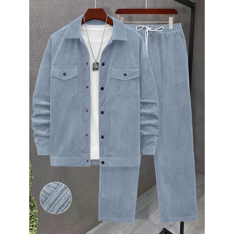 Mens Corduroy Textured Long Sleeve Workwear Jacket Drawstring Casual Pants Set Coffee Blue Black
