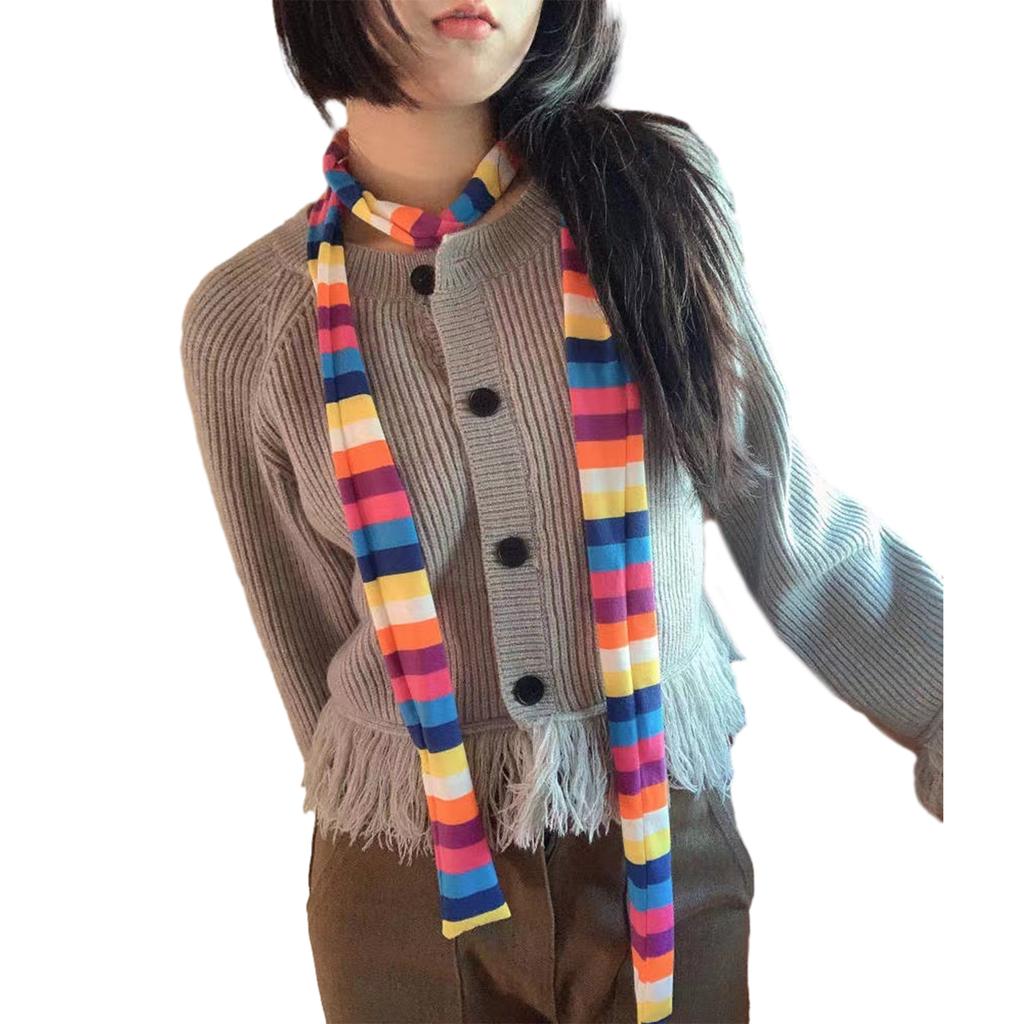 Women Spring Summer Stripe Pattern Scarf Thin Neckerchief Y2k Style Colorful Thin Knitted Neck Guard Lightweight
