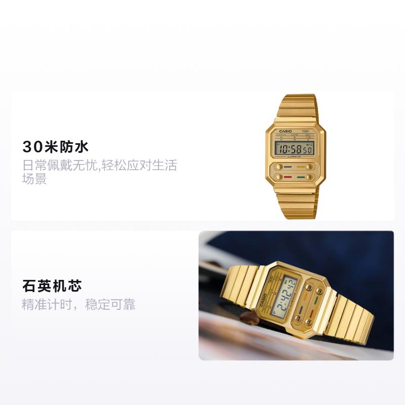 

CASIO YOUTH series-metal small square Pac-Man retro square luminous waterproof watch Quartz Steel Strap men s watch gold dial A100WEG-9APR золотой