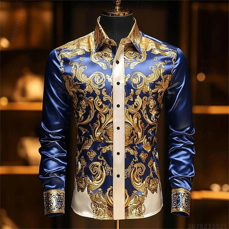 Camisa de Hombre de Manga Larga Estampada en 3D de Lujo, Camisa de Vestir Ajustada con Patrón Dorado Barroco, Camisa de Hombre para Banquetes de Negocios
