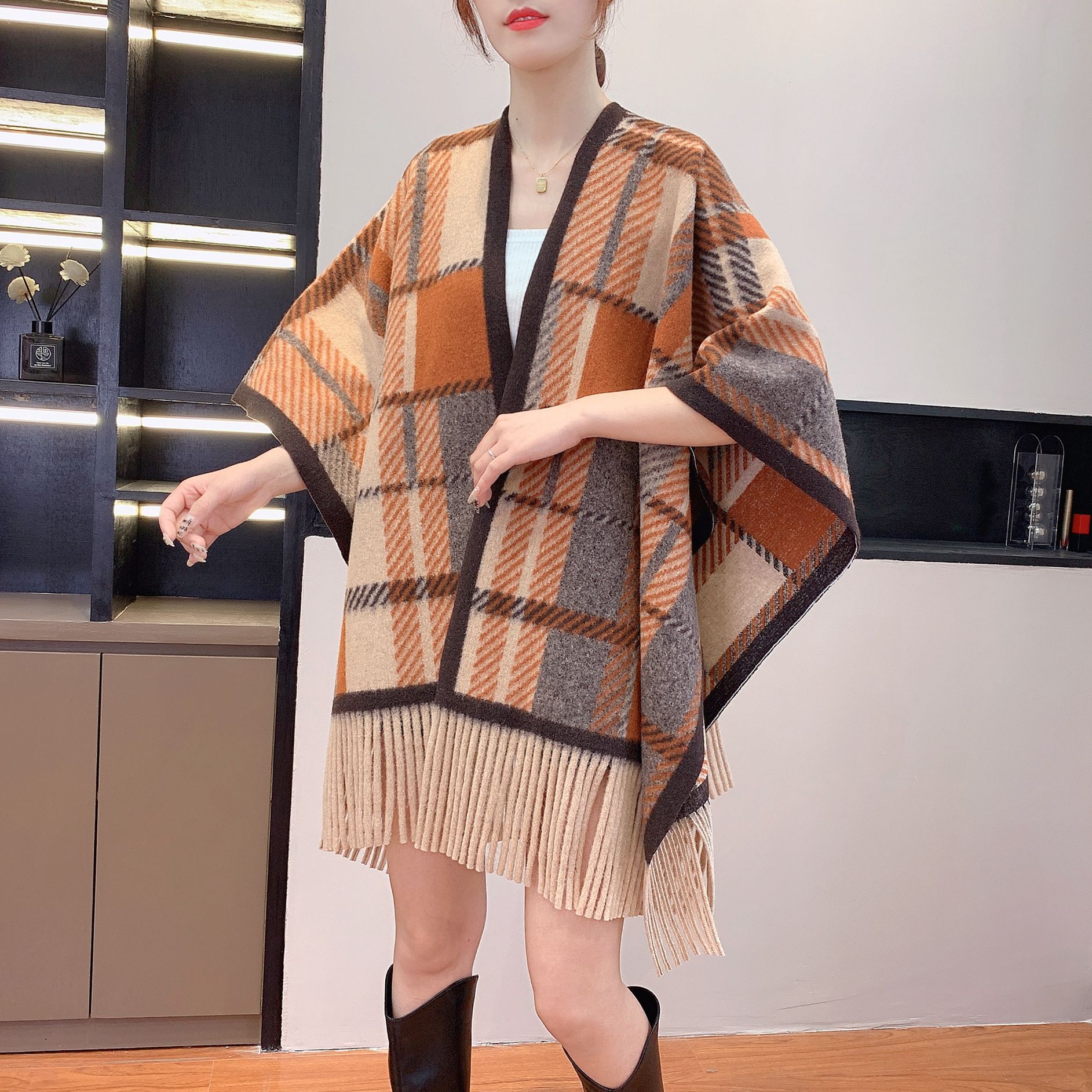 

Korean imitation cashmere printed shawl with temperament cape decoration new niche retro plaid warm scarf women хаки