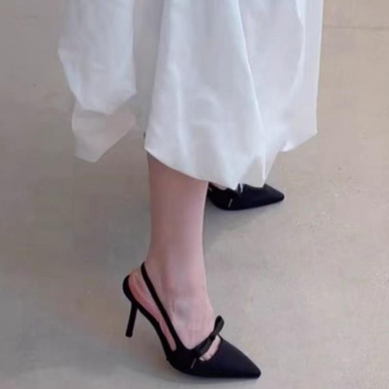 Fashion Women's Fashion Baotou High Heels Spring New Pointed Head Shallow Bow A Slip-on Wear Resistance Temperament Fine Heel Sandals