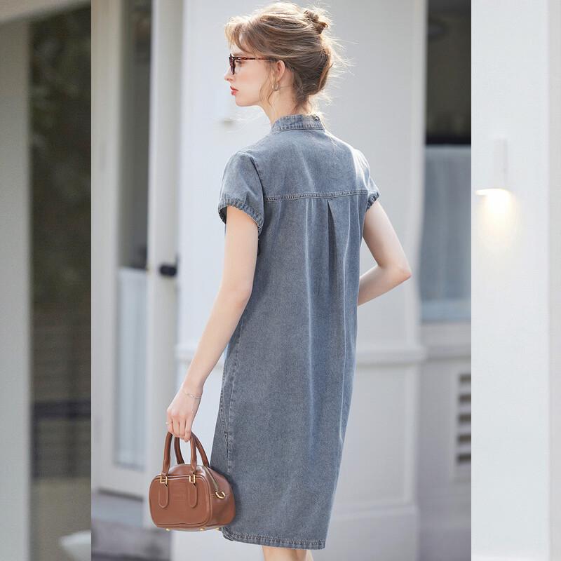 Bailuyu Women's V-Neck A-Line Denim Dress with Adjustable Short Sleeves