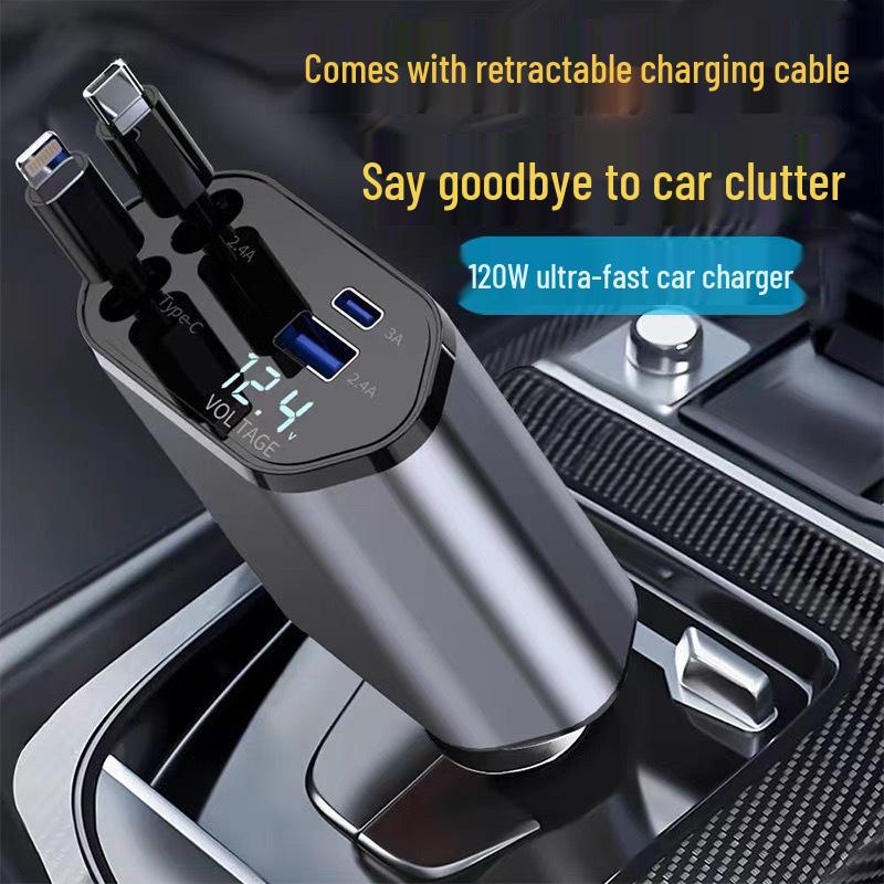 120W Super Fast Telescopic 4-Port Car Charger for Apple 15 & Huawei