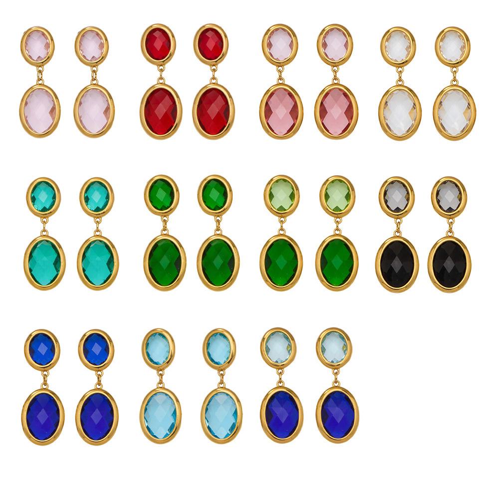 Orecchini a Pendente Ovali Geometrici Placcati Oro 18K con Pietra di Vetro Sfaccettata