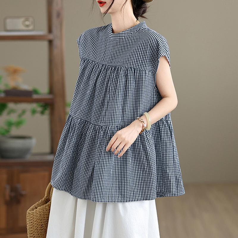 ZANZEA Women Casual Round Neck Cap Sleeve Loose Plaid Print Blouse M